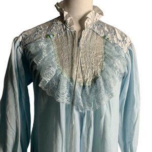 Vintage Gilligan Omalley House Coat Robe S Blue Velvet Zip Pockets Nightgown